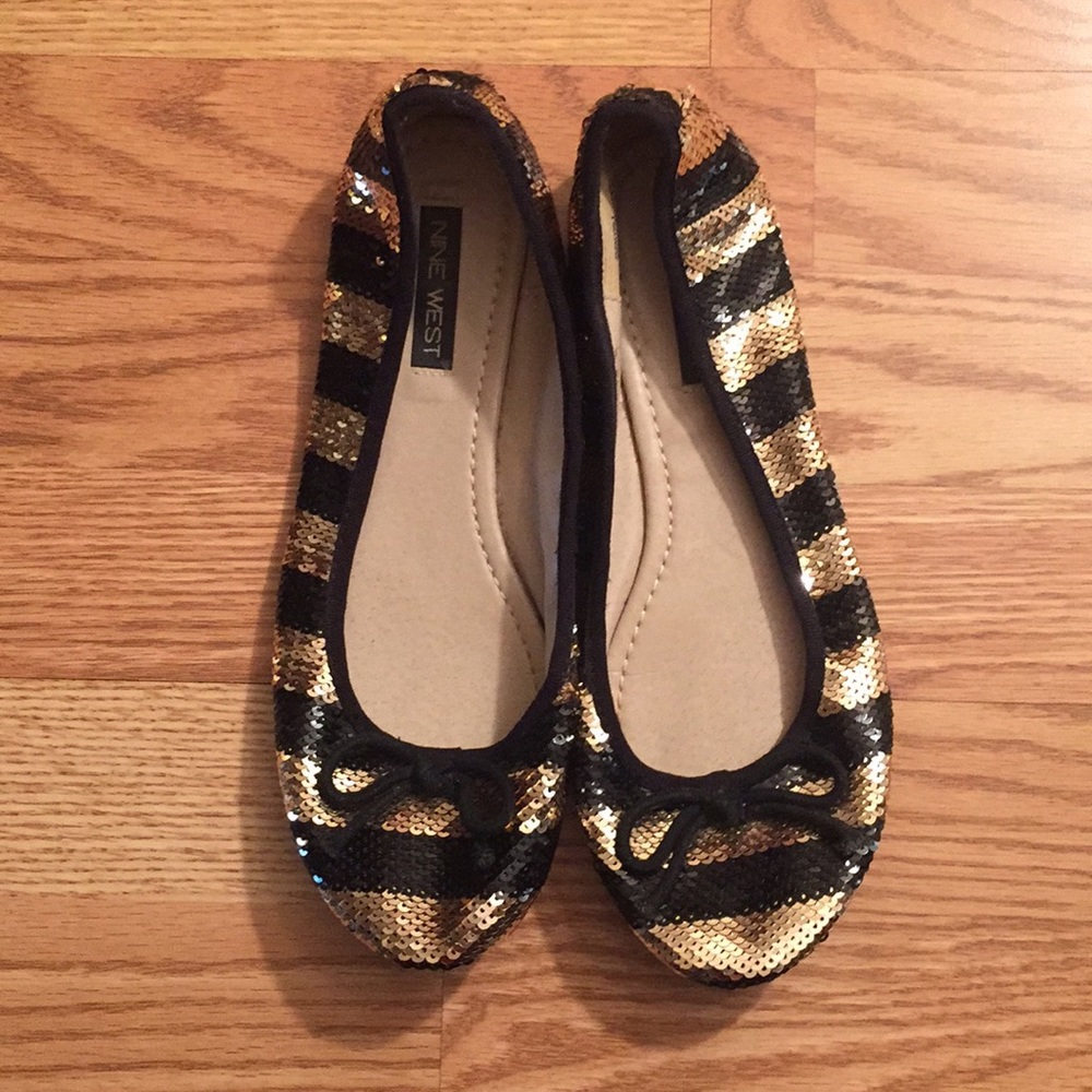 Nine West Black & Gold Sequin Striped Flats 8M